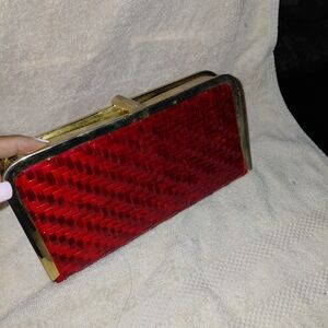 Timeless Vintage Elegant Red Woven Leather Clutch with Gold Accents